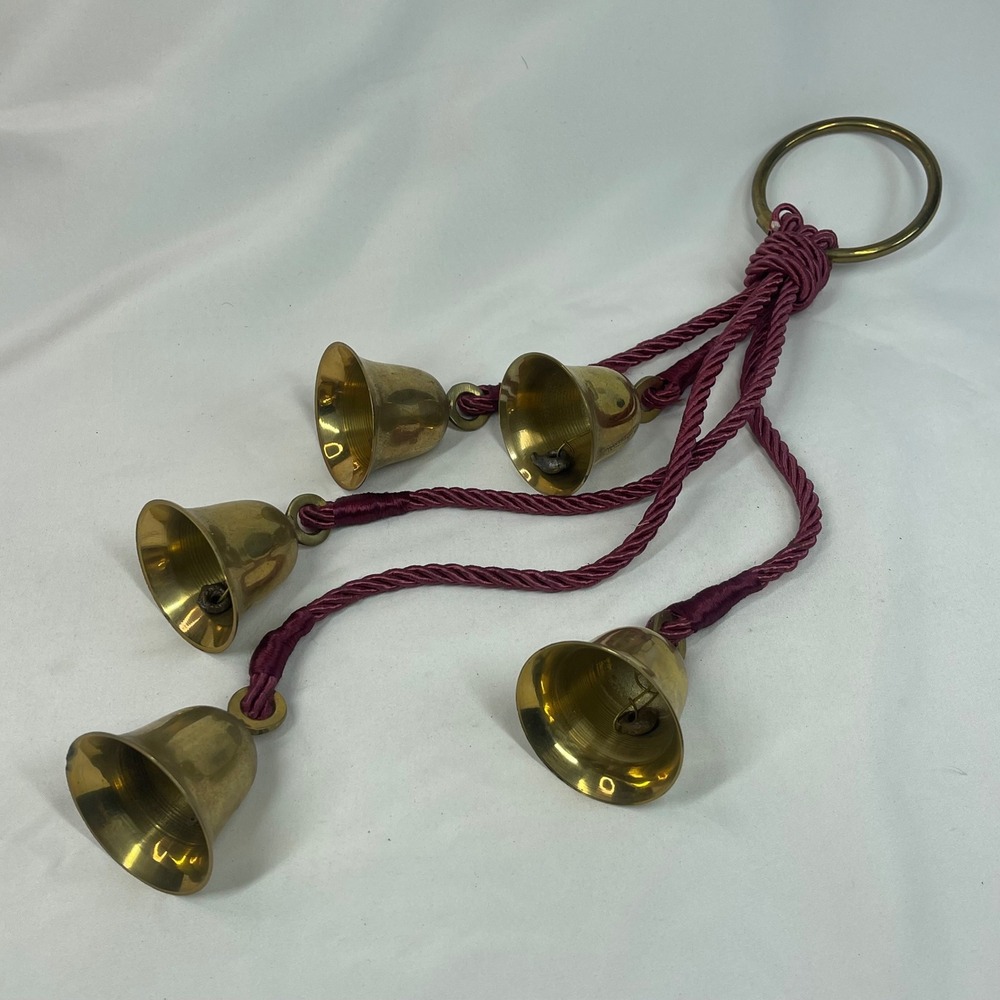 Vintage Brass Bells on Red Cords Hanging Door Chimes 5 Jingle Bells Christmas